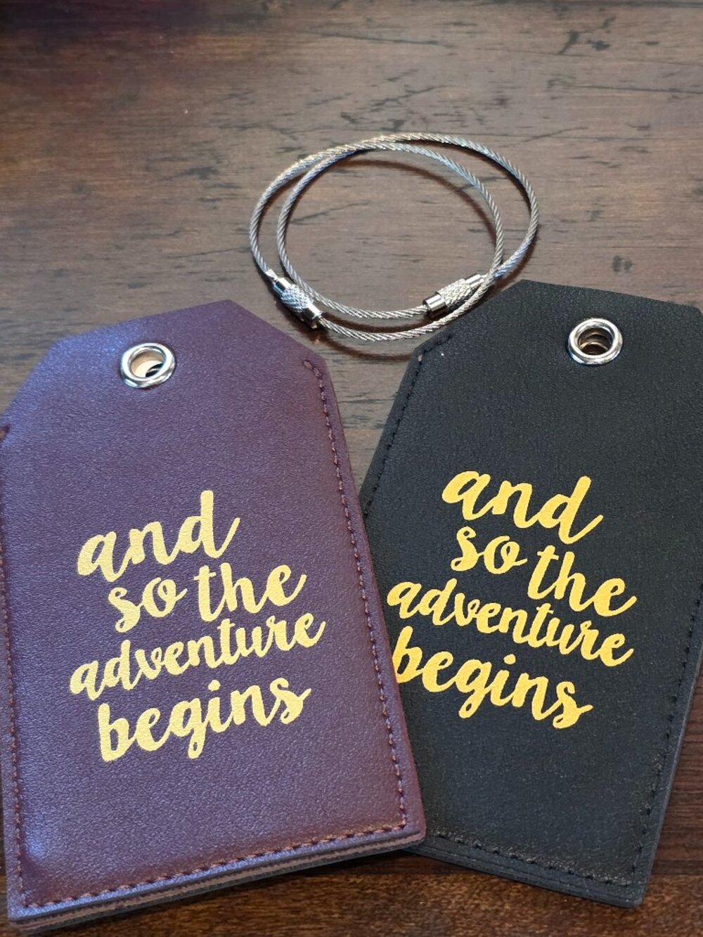 NEW Maroon Black PU Leather AND SO THE ADVENTURE BEGINS Privacy Luggage Tags x 2